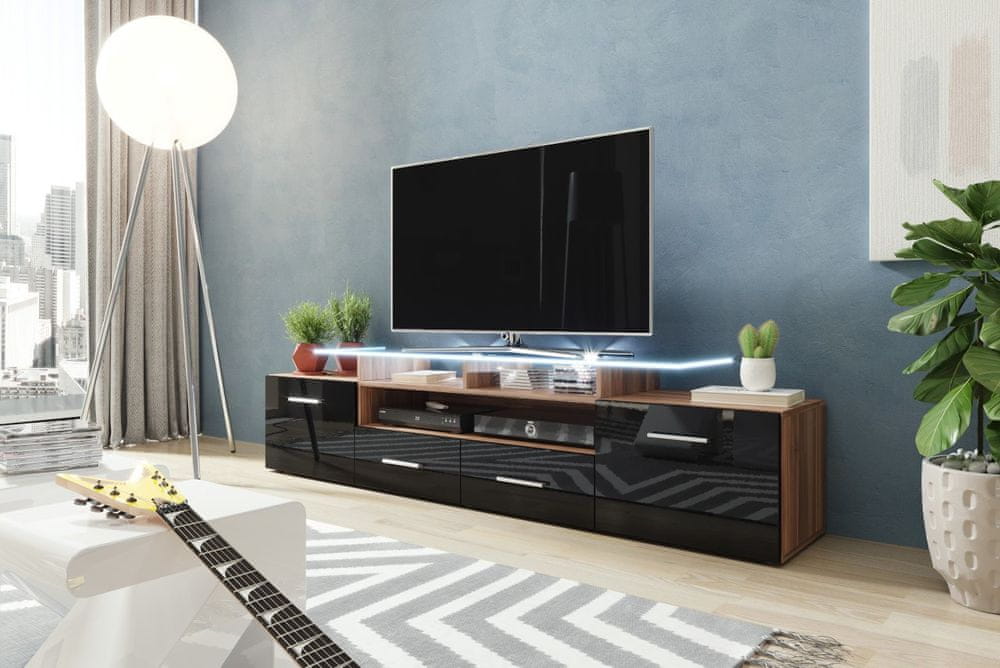 Veneti TV stolík s LED bielym osvetlením SOBRAL - slivka / lesklý čierny