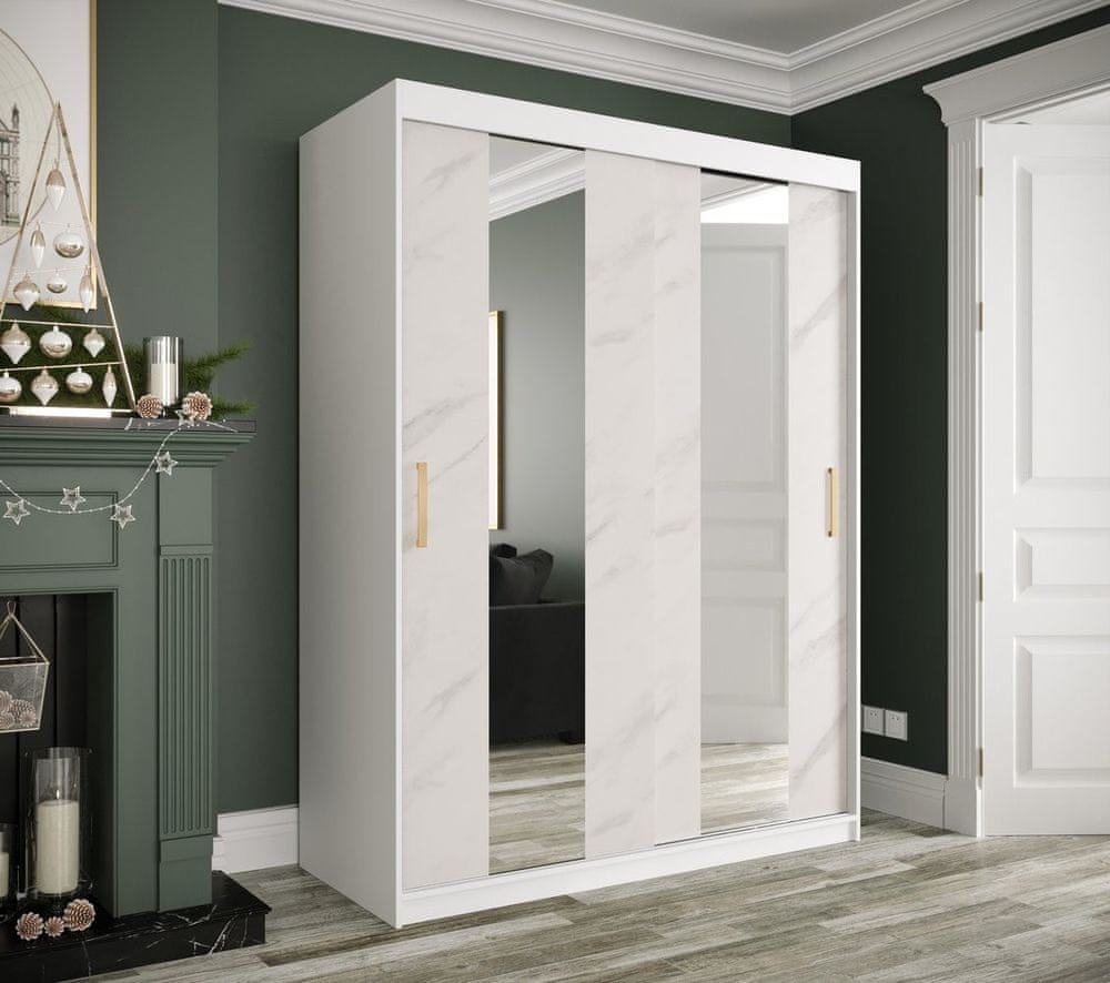 Veneti Šatníková skriňa s posuvnými dverami a zrkadlami MAREILLE 4 - šírka 150 cm, biela / biely mramor