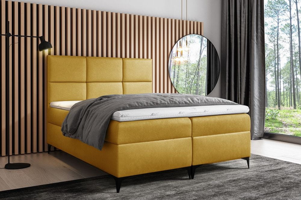 Veneti Dizajnová čalúnená posteľ Fiza s úložným priestororm žltá 200 x 200 + topper zdarma