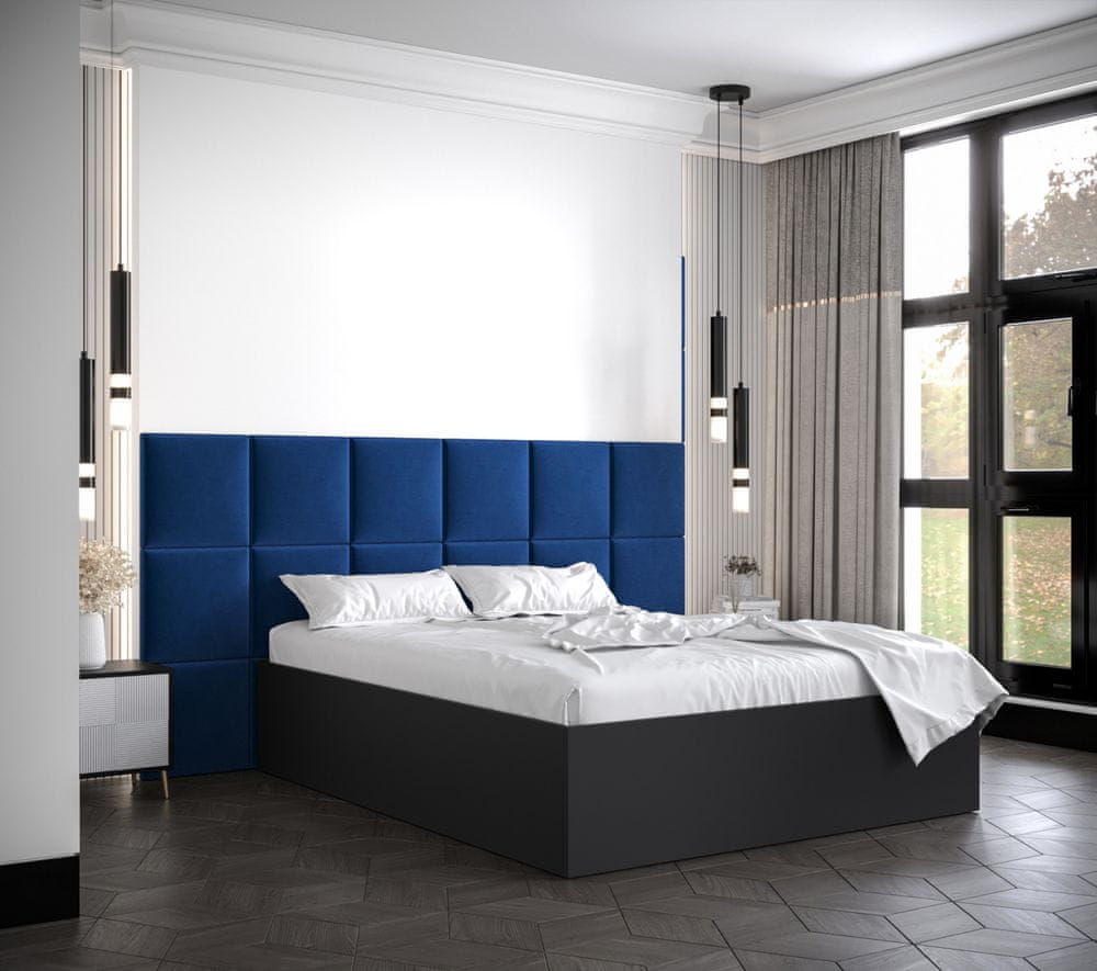 Veneti Manželská posteľ s čalúnenými panelmi MIA 4 - 160x200, čierna, modré panely