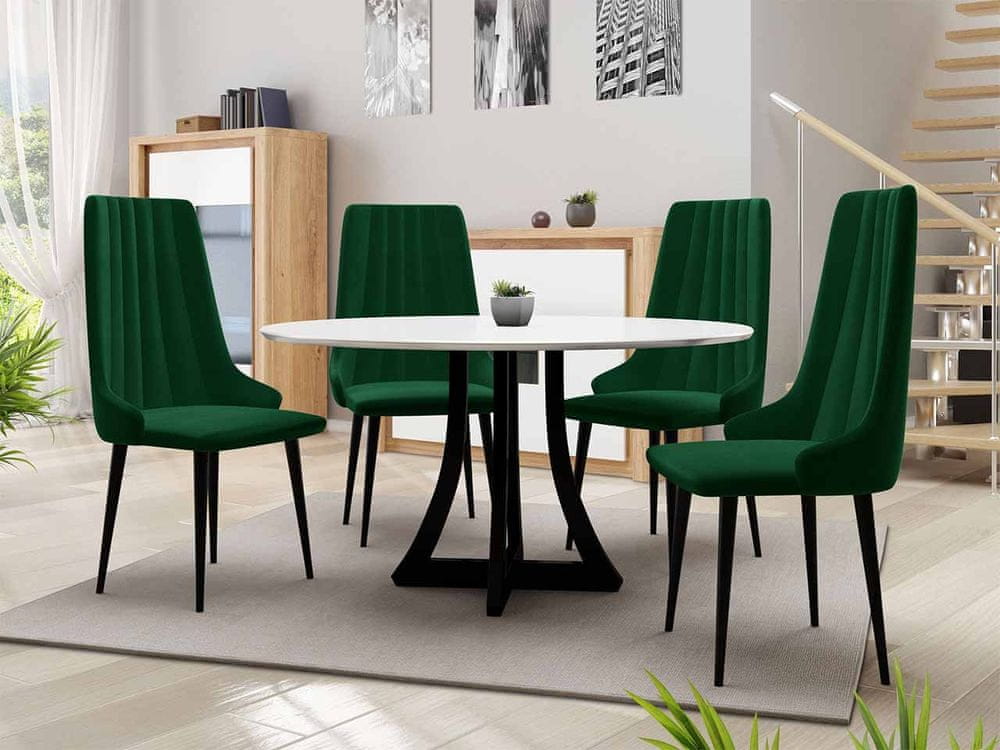 Veneti Okrúhly jedálenský stôl 120 cm so 4 stoličkami TULZA 1 - lesklý čiernobiely / zelený