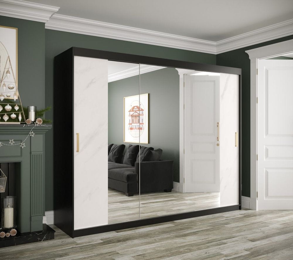 Veneti Zrkadlová skriňa s posuvnými dverami MAREILLE 3 - šírka 250 cm, čierna / biely mramor
