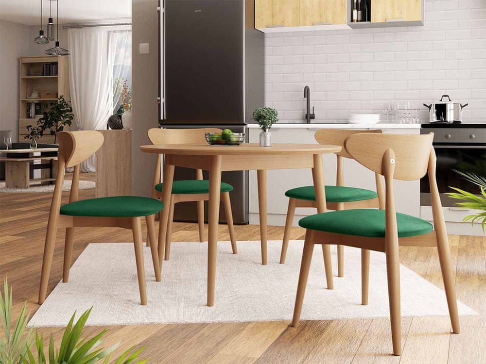 Veneti Okrúhly jedálenský stôl 100 cm so 4 stoličkami OLMIO 1 - prírodné drevo / zelený