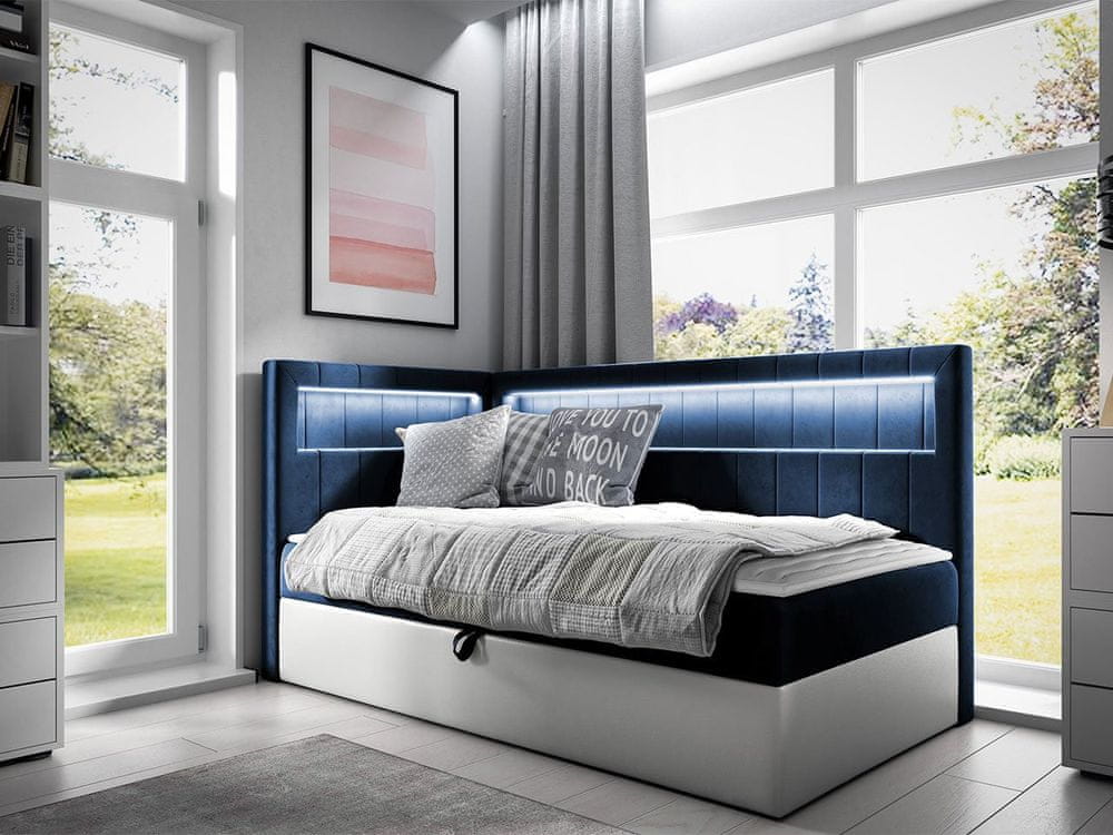 Veneti Kontinentálna jednolôžková posteľ 90x200 RAMIRA 3 - biela ekokoža / modrá 1, ľavé prevedenie + topper ZDARMA