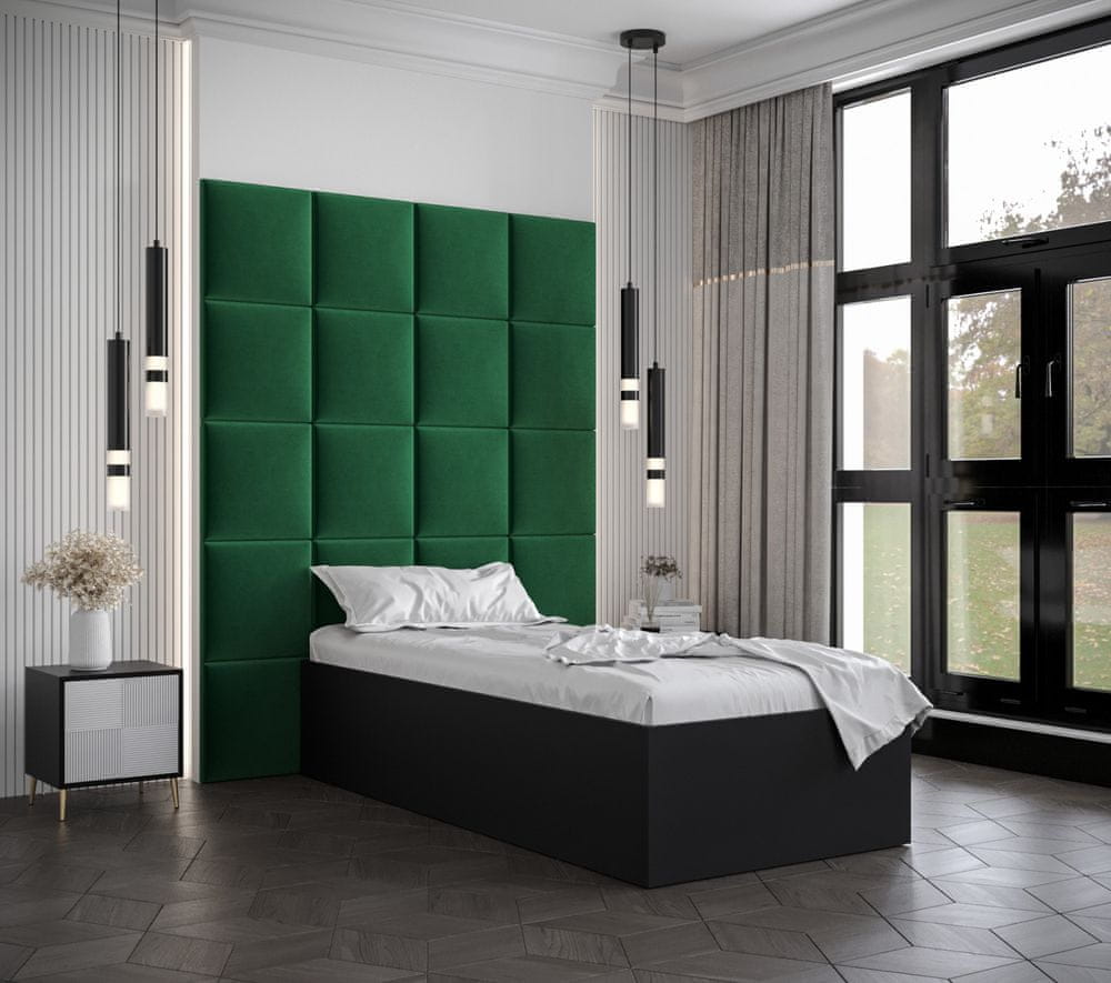Veneti Jednolôžko s čalúnenými panelmi MIA 3 - 90x200, čierne, zelené panely