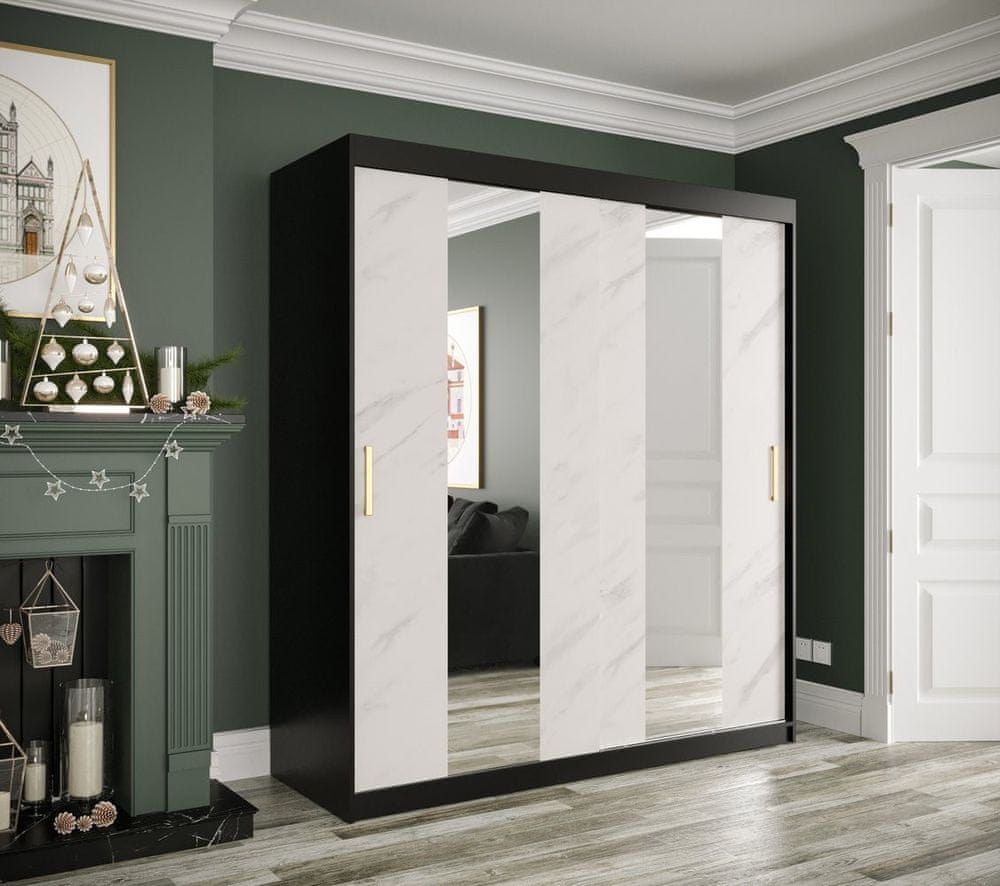 Veneti Šatníková skriňa s posuvnými dverami a zrkadlami MAREILLE 4 - šírka 180 cm, čierna / biely mramor