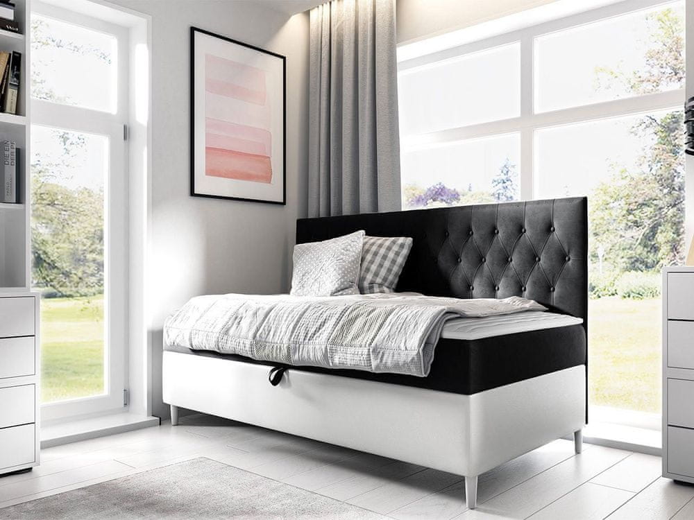 Veneti Boxspringová jednolôžková posteľ 100x200 PORFIRO 2 - biela ekokoža / čierna + topper ZDARMA