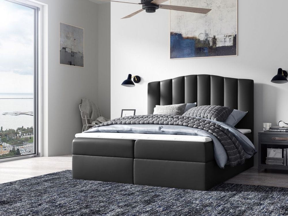 Veneti Kontinentálna posteľ LUCIA - 160x200, čierna eko koža + topper ZDARMA