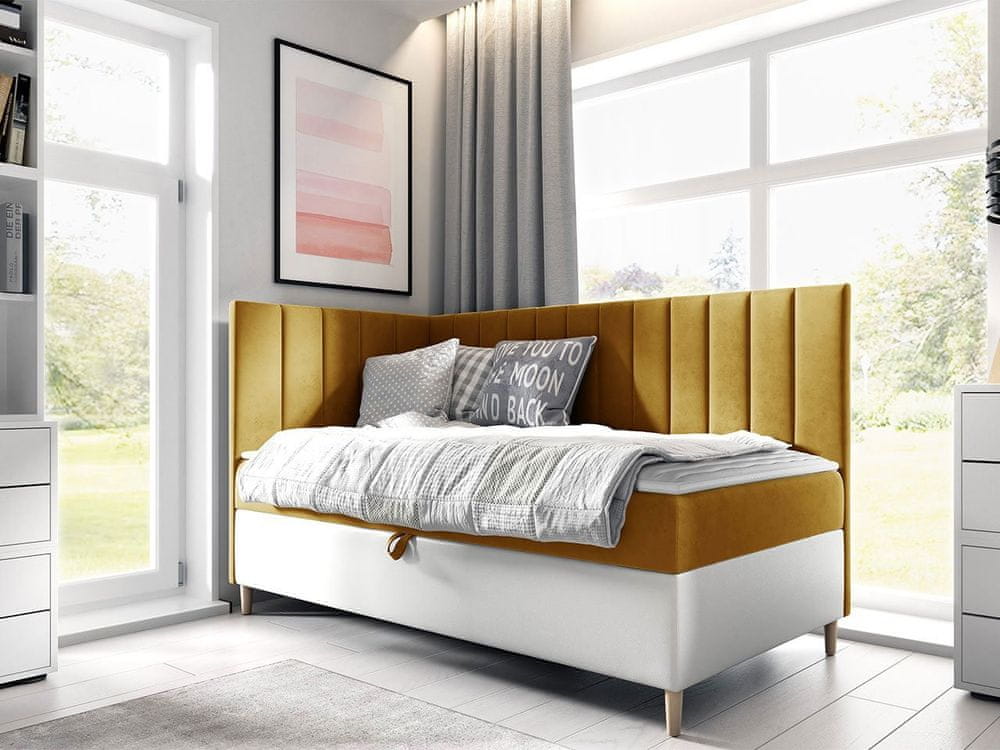 Veneti Boxspringová jednolôžková posteľ 80x200 ROCIO 3 - biela ekokoža / žltá, ľavé prevedenie + topper ZDARMA