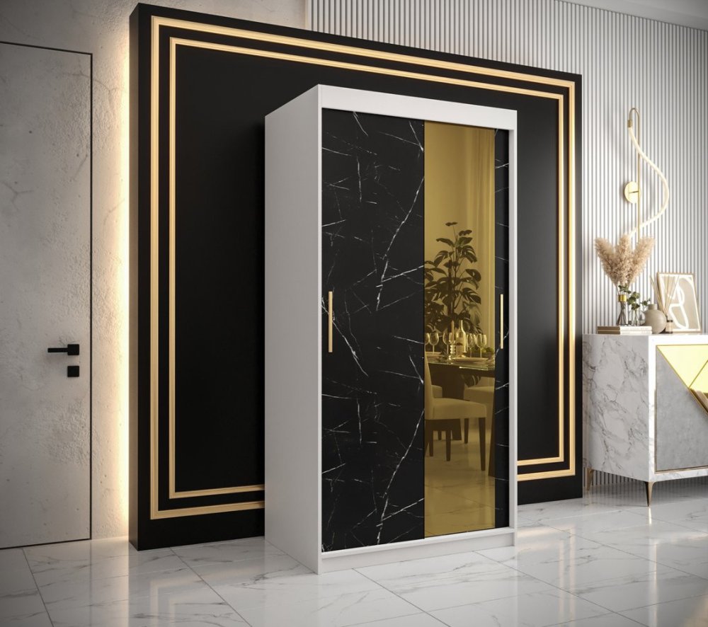 Veneti Dizajnová šatníková skriňa so zlatým zrkadlom MADLA 2 - šírka 100 cm, biela / čierna