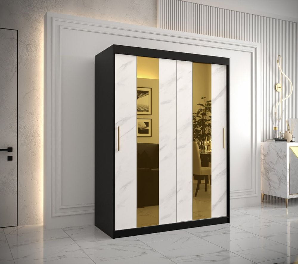 Veneti Dizajnová šatníková skriňa so zlatým zrkadlom MADLA 4 - šírka 150 cm, čierna / biela