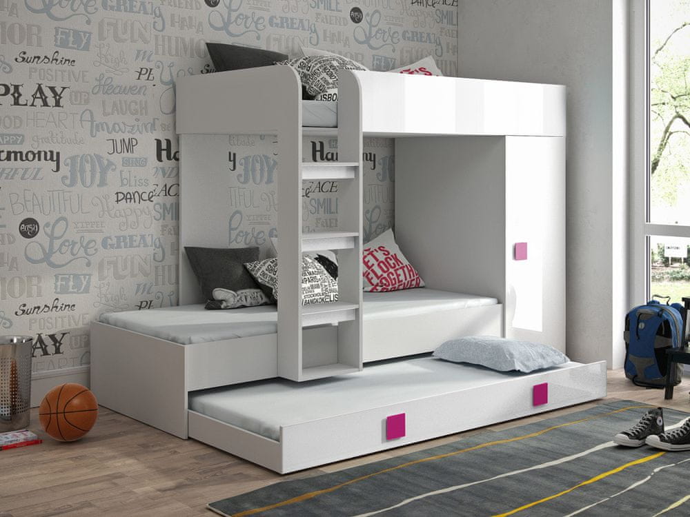 Veneti Detská poschodová posteľ s úložným priestorom Lena - biela - ružové úchyty