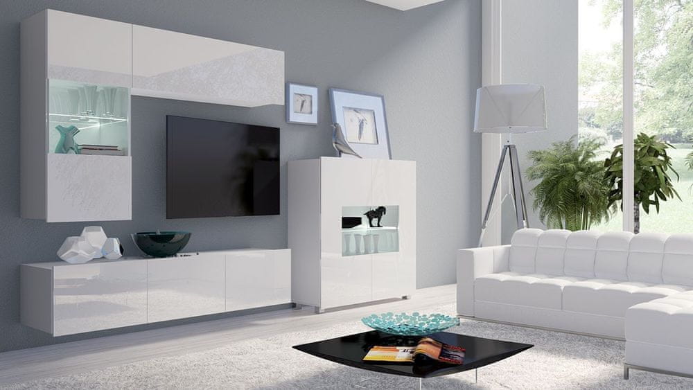 Veneti Obývacia stena s LED modrým osvetlením CHEMUNG 3 - biela / lesklá biela