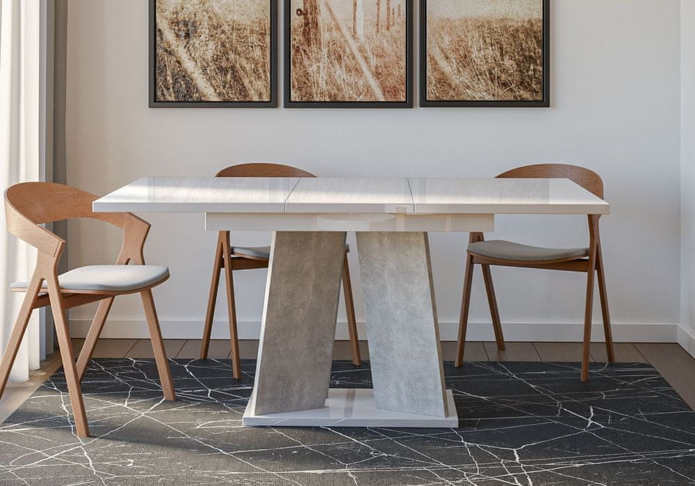Veneti Rozkladací jedálenský stôl ENDRE - biely lesk / kameň