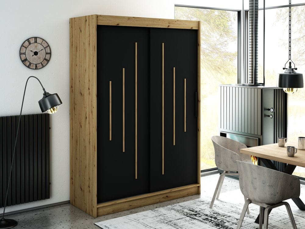 Veneti Šatníková skriňa s posuvnými dverami LURDES 7 - šírka 150 cm, dub artisan / čierna