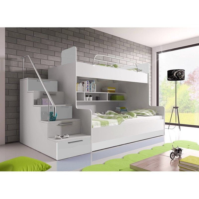 Veneti Detská poschodová posteľ s matracom a roštom 90x200 GORT - biela, ľavé prevedenie