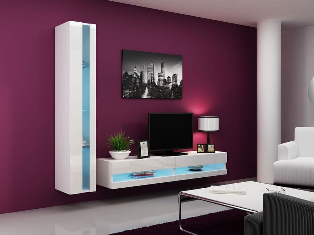 Veneti Stena do obývacej izby s LED modrým osvetlením ASHTON N8 - biela / lesklá biela