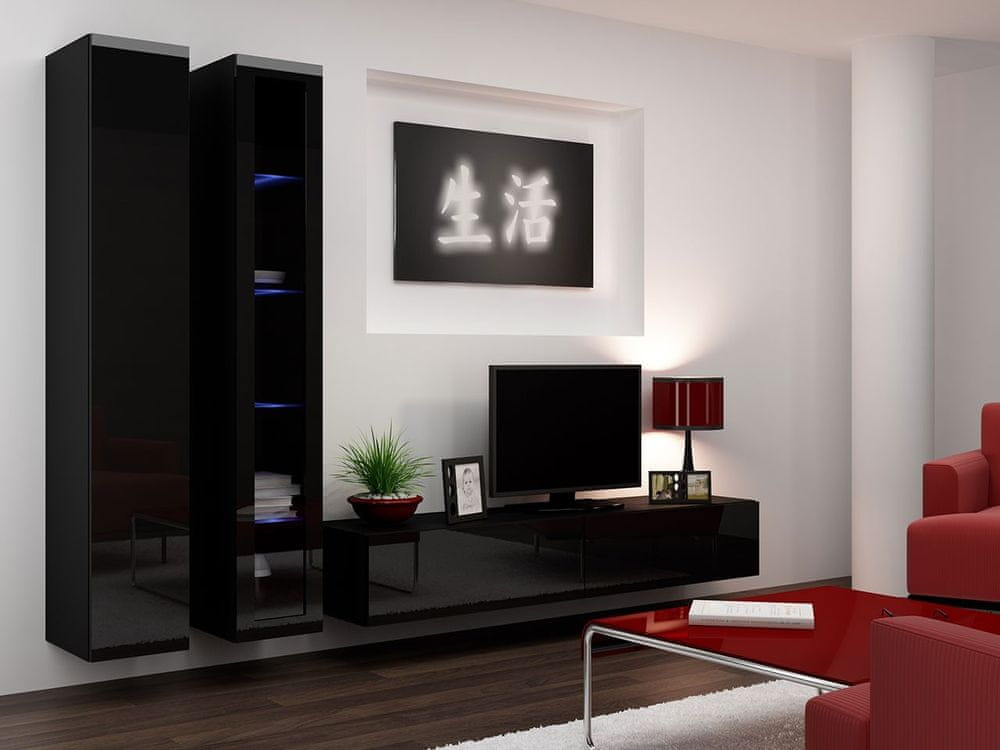 Veneti Obývacia stena s LED modrým osvetlením ASHTON 3 - čierna / lesklá čierna