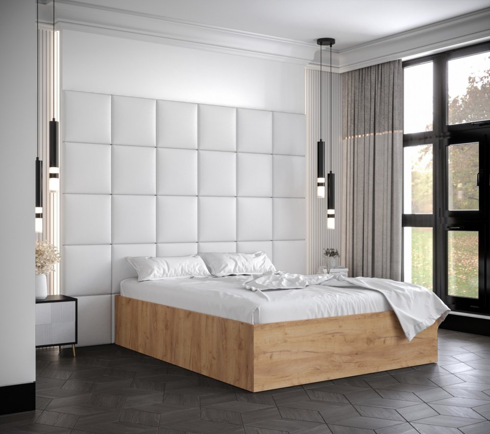 Veneti Manželská posteľ s čalúnenými panelmi MIA 3 - 160x200, dub zlatý, biele panely z ekokože