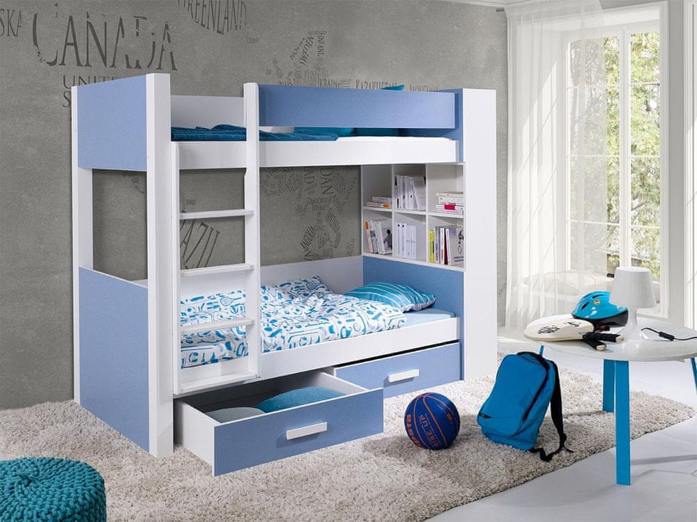 Veneti Detská poschodová posteľ so šuplíkmi 90x200 LEUN - biela / modrá, ľavé prevedenie