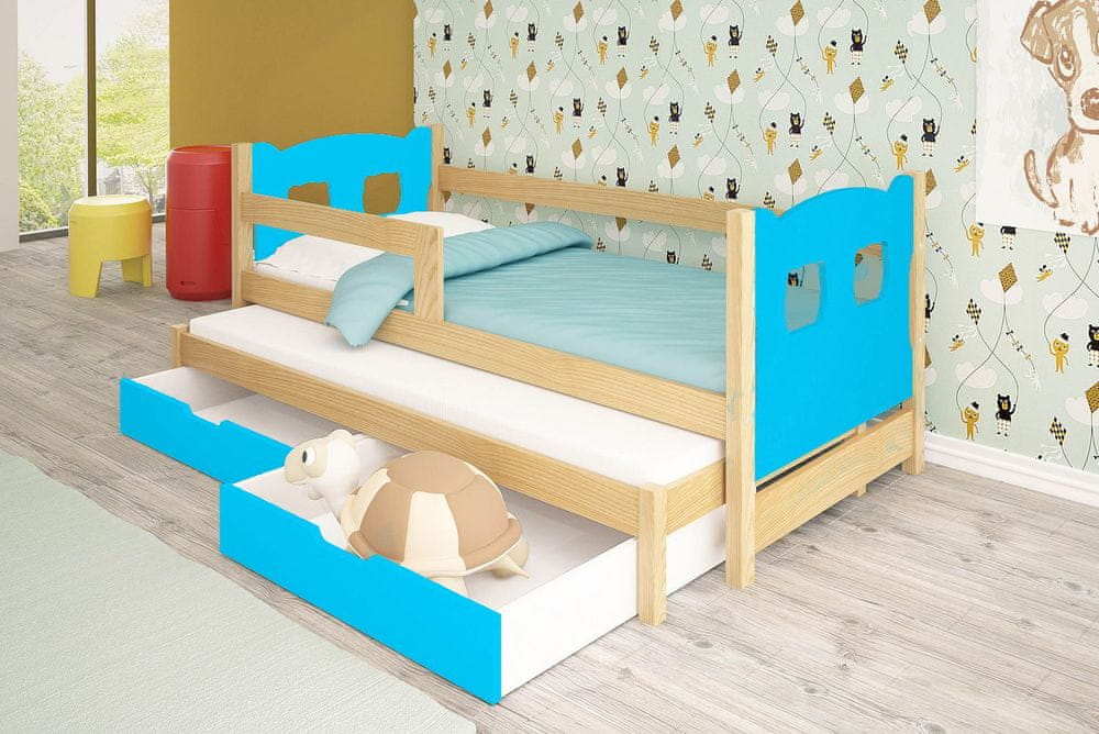 Veneti Detská posteľ s prístelkou KALA 1 - 75x180, borovica / modrá