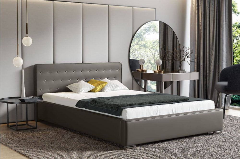 Veneti Moderná čalúnená posteľ s úložným priestorom 200x200 BERGEN - sivá ekokoža