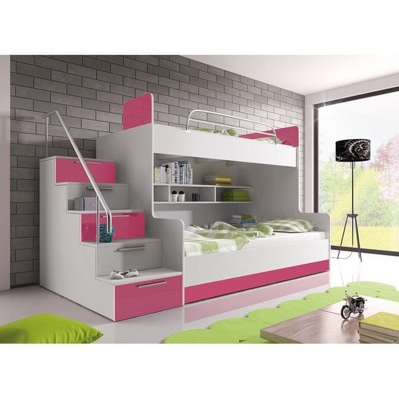 Veneti Detská poschodová posteľ s matracom a roštom 90x200 GORT - biela / ružová, ľavé prevedenie
