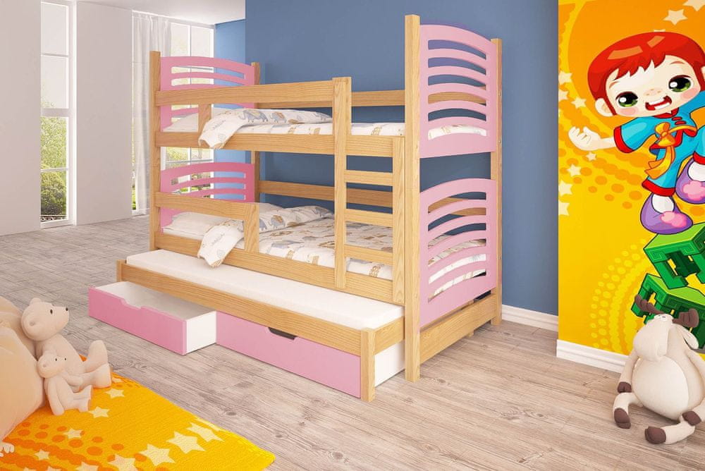 Veneti Detská poschodová posteľ pre troch KALA 2 - 75x180, borovica / ružová