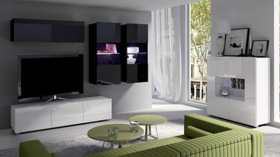 Veneti Zostava do obývacej izby s LED modrým osvetlením CHEMUNG 7 - lesklá biela / lesklá čierna