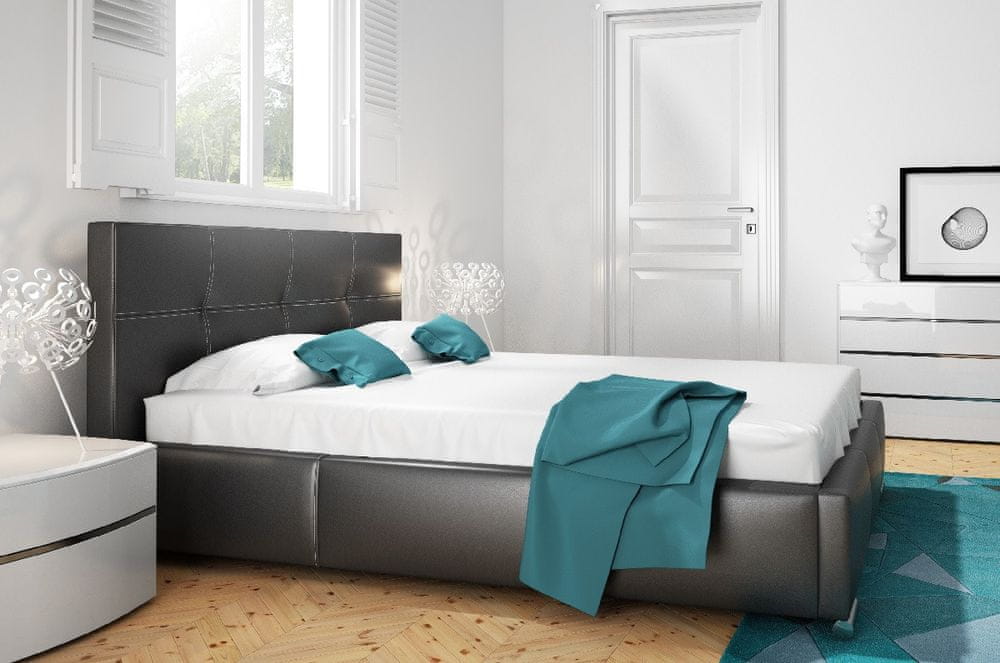 Veneti Štýlová posteľ Ada s vyšším čelom a úložným priestorom čierna eko koža 200 x 200