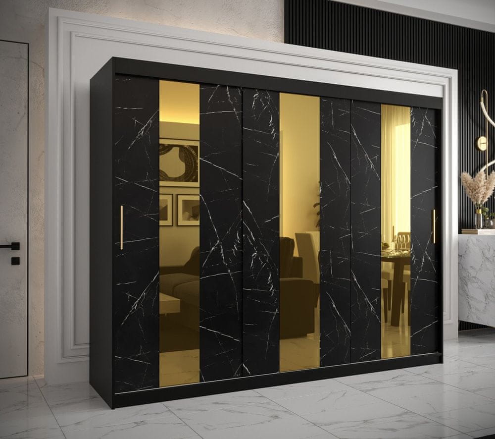 Veneti Dizajnová šatníková skriňa so zlatým zrkadlom MADLA 4 - šírka 250 cm, čierna
