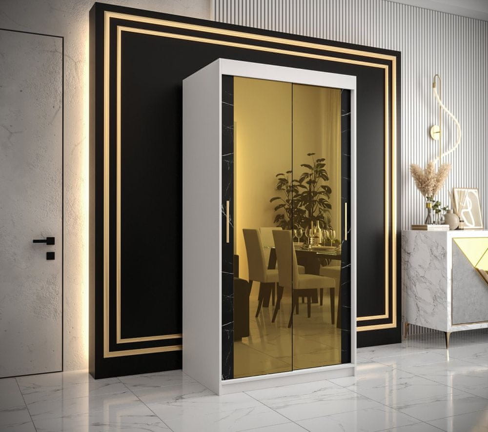 Veneti Dizajnová šatníková skriňa so zlatým zrkadlom MADLA 3 - šírka 100 cm, biela / čierna