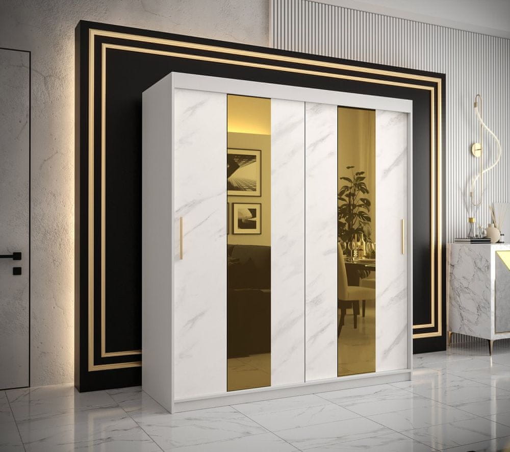 Veneti Dizajnová šatníková skriňa so zlatým zrkadlom MADLA 4 - šírka 180 cm, biela