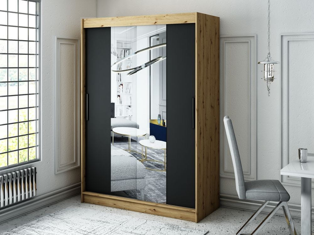 Veneti Šatníková skriňa s posuvnými dverami LURDES 2 - šírka 150 cm, dub artisan / čierna