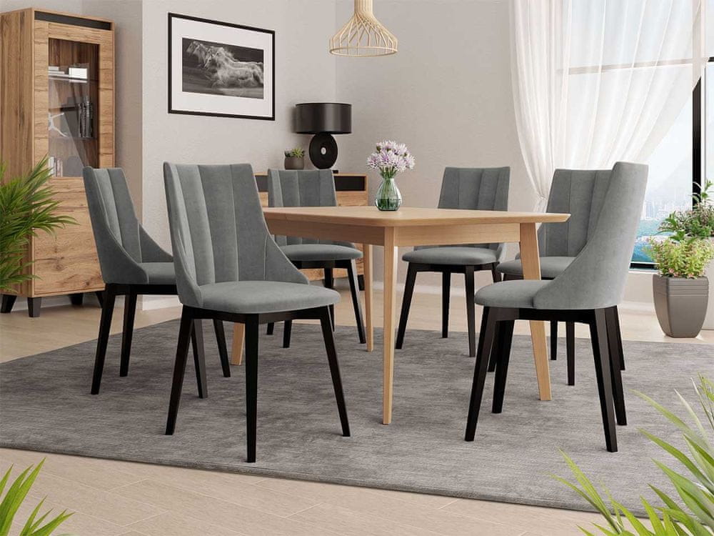 Veneti Rozkladací jedálenský stôl so 6 stoličkami NOWEN 2 - prírodné drevo / čierny / šedý