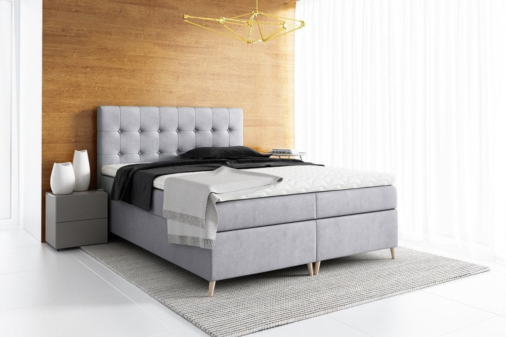 Veneti Elegantná čalúnená posteľ Komala s úložným priestorom stredne šedá 180 x 200 + topper zdarma