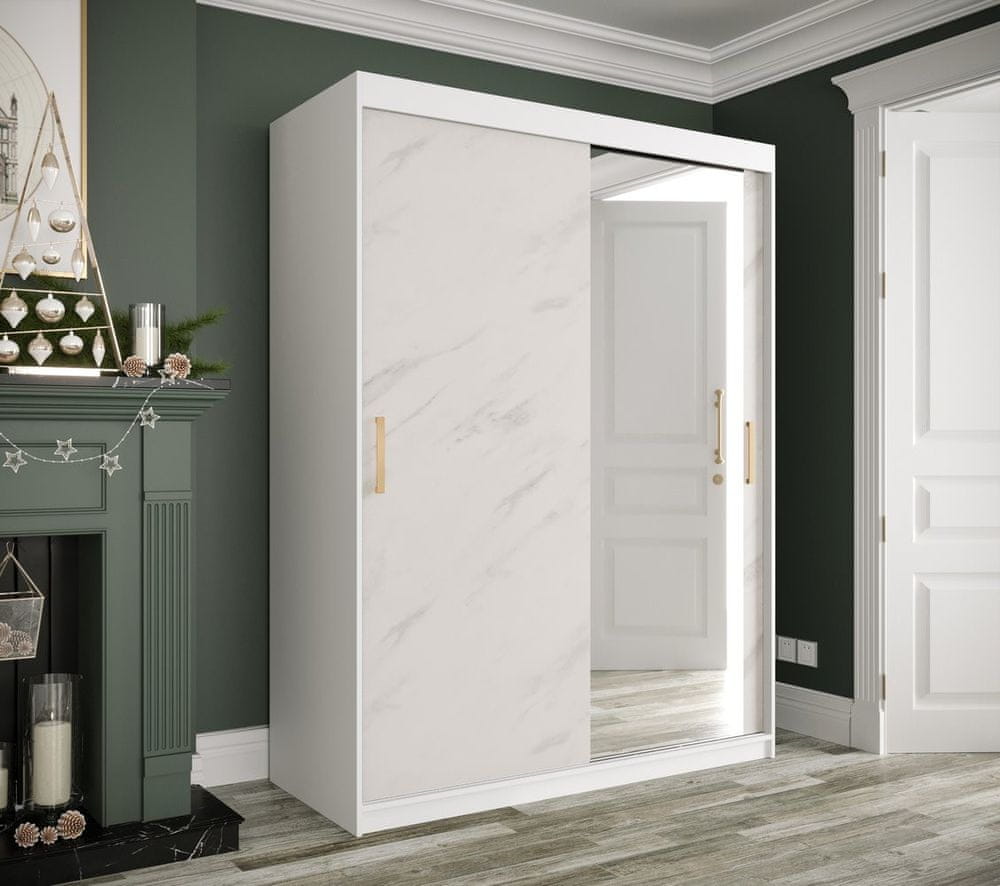Veneti Zrkadlová skriňa s posuvnými dverami MAREILLE 3 - šírka 150 cm, biela / biely mramor