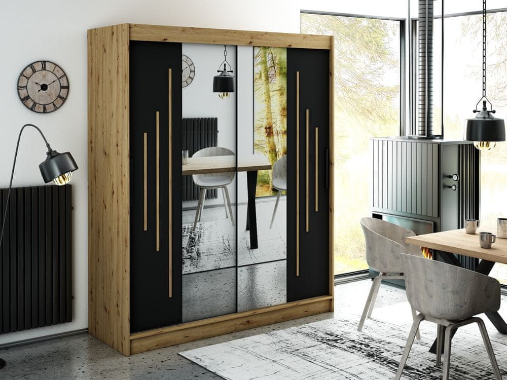 Veneti Zrkadlová skriňa s posuvnými dverami LURDES 8 - šírka 180 cm, dub artisan / čierna