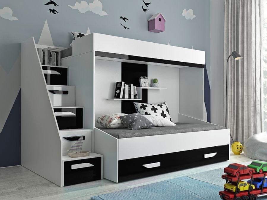 Veneti Detská poschodová posteľ s úložným priestorom Derry - biela/čierna