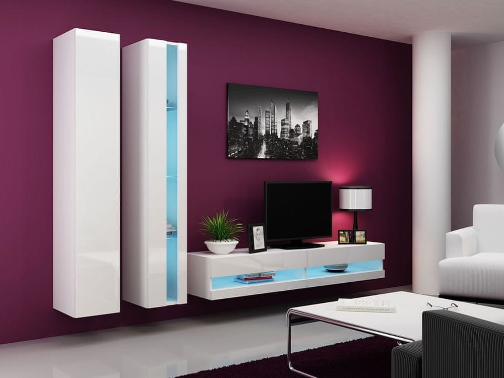 Veneti Stena do obývacej izby s LED bielym osvetlením ASHTON N5 - biela / lesklá biela