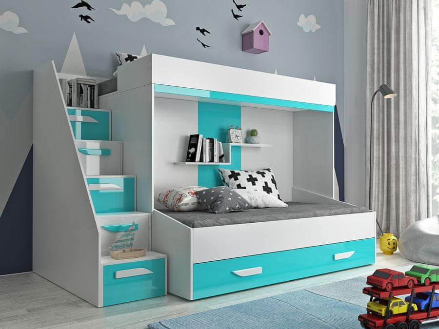 Veneti Detská poschodová posteľ s úložným priestorom Derry - biela/tyrkys