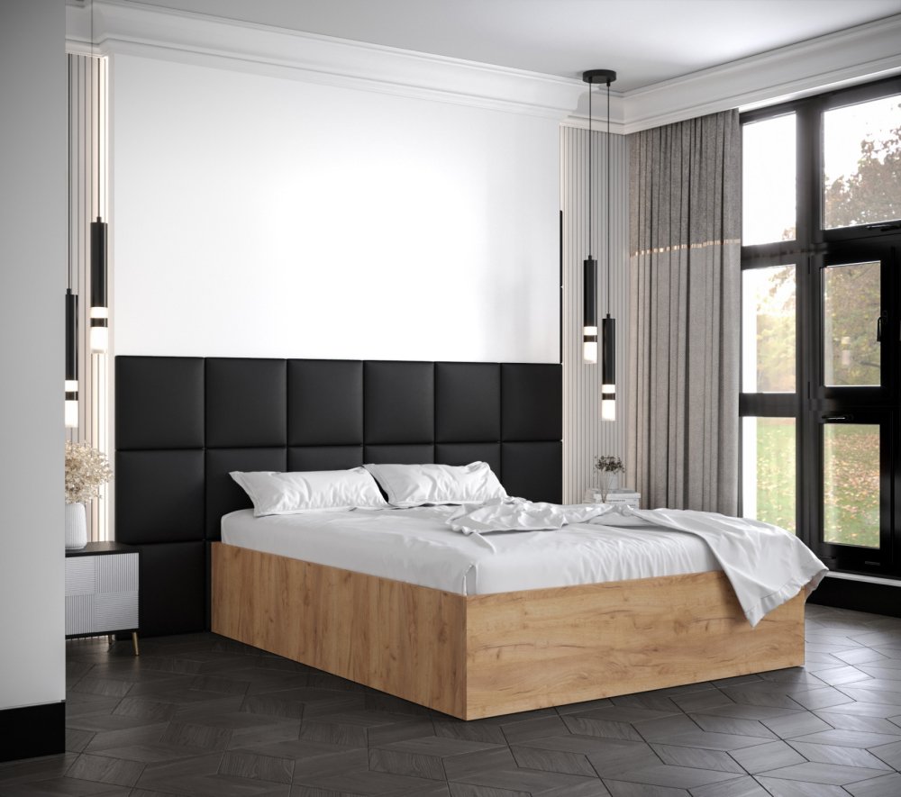 Veneti Manželská posteľ s čalúnenými panelmi MIA 4 - 160x200, dub zlatý, čierne panely z ekokože