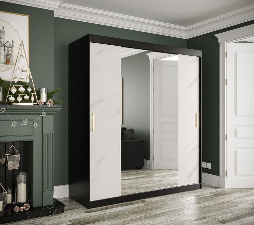 Veneti Zrkadlová skriňa s posuvnými dverami MAREILLE 2 - šírka 180 cm, čierna / biely mramor