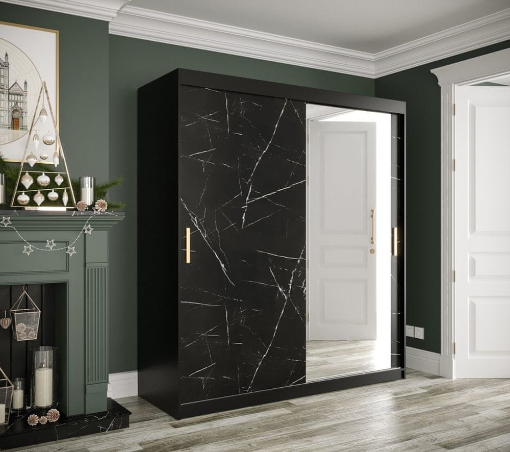 Veneti Zrkadlová skriňa s posuvnými dverami MAREILLE 3 - šírka 180 cm, čierna / čierny mramor