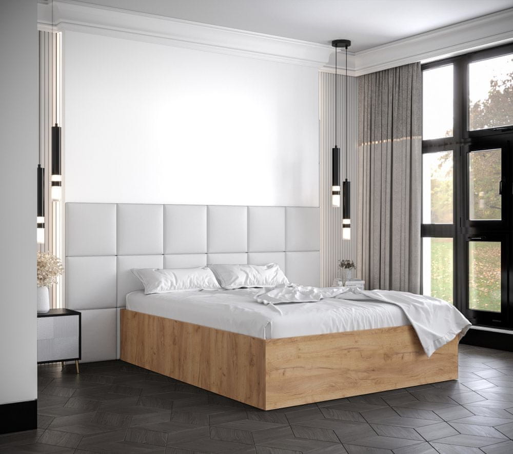 Veneti Manželská posteľ s čalúnenými panelmi MIA 4 - 140x200, dub zlatý, biele panely z ekokože