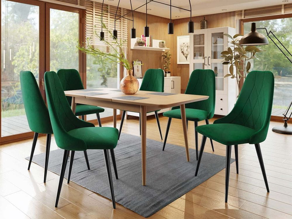 Veneti Rozkladací jedálenský stôl so stoličkami OLMIO 2 - prírodné drevo / čierny / zelený