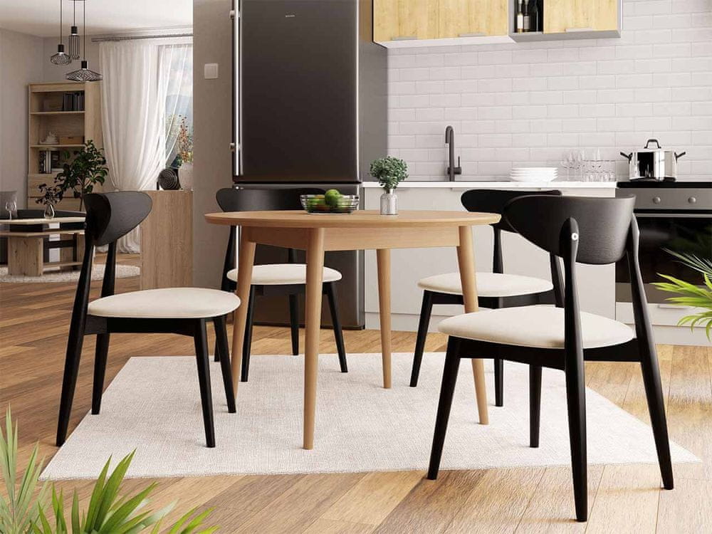 Veneti Jedálenský stôl 100 cm so 4 stoličkami OLMIO 1 - prírodné drevo / čierny / béžový
