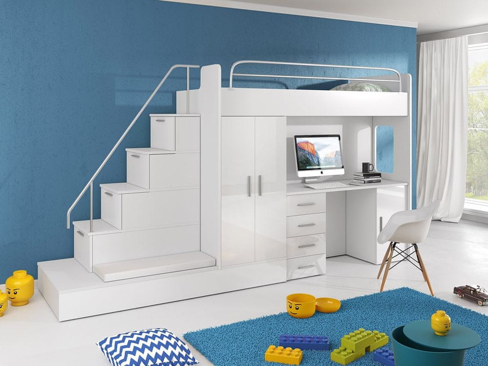 Veneti Detská multifunkčná poschodová posteľ s matracom a roštom 80x200 GORT - biela