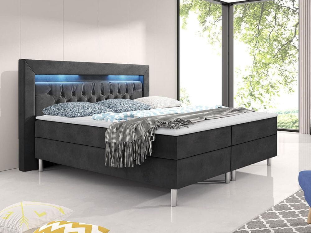 Veneti Boxpsringová posteľ s LED osvetlením 180x200 DELBIN - šedá + topper ZDARMA