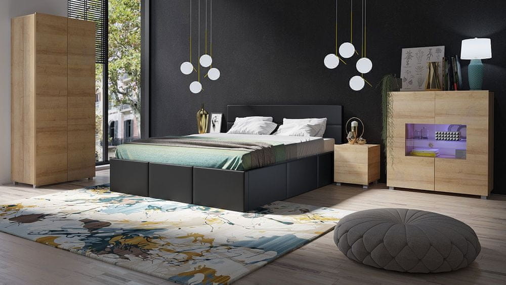 Veneti Spálňová zostava s posteľou 160x200 cm CHEMUNG - dub zlatý / čierna ekokoža